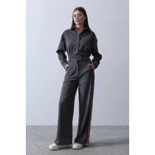 Kinzi Kadın Şerit Detaylı Gri Oversize Gömlek ve Pantolon Takım