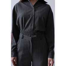 Kinzi Kadın Şerit Detaylı Gri Oversize Gömlek ve Pantolon Takım