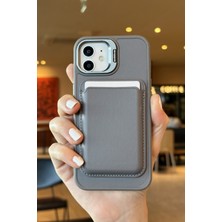 Paladyum Case iPhone 11 Uyumlu Premium Titanyum Gri Deri Magsafe Cüzdanlı Kartlıklı Kamera Çerçeve Standlı Kılıf
