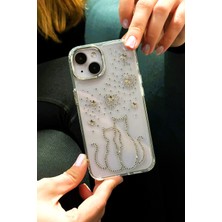 Paladyum Case iPhone 13 Uyumlu Taşlı Çift Kedi Desenli Şeffaf Kılıf