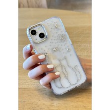 Paladyum Case iPhone 13 Uyumlu Taşlı Çift Kedi Desenli Şeffaf Kılıf