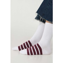 Beş Çizgili Soket Çorap Beyaz-Bordo