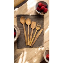 F&S WoodArt Edremit Zeytin Ağacı Doğal Ahşap El Yapımı Set Kaşık Kepçe Spatula Çatal Bıçak