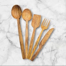 F&S WoodArt Edremit Zeytin Ağacı Doğal Ahşap El Yapımı Set Kaşık Kepçe Spatula Çatal Bıçak