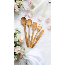 F&S WoodArt Edremit Zeytin Ağacı Doğal Ahşap El Yapımı Set Kaşık Kepçe Spatula Çatal Bıçak