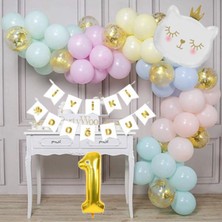 Cugy Beyaz Kedicik Figürlü Doğum Günü Süsleme Seti Pembe Mavi Renkli 1 Yaş Rakamlı Balon Zinciri