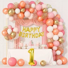 Cugy Gold Pembe Turuncu Renkli 1 Yaş Rakamlı Konsept Balon Zinciri Doğum Günü Parti Seti