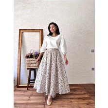 Küçüğüm Butik Gri-Kahve Mini Çiçekli Kloş Poplin Etek