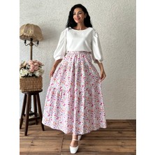 Küçüğüm Butik Pembe Çok Çiçekli Kat Kat Gofre Etek