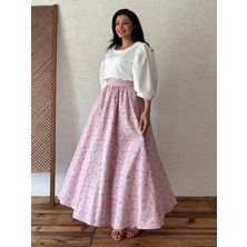 Küçüğüm Butik Pembe-Bordo Çiçekli Kloş Poplin Etek