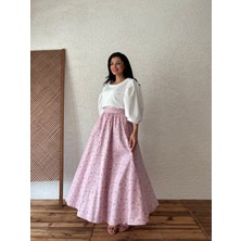 Küçüğüm Butik Pembe-Bordo Çiçekli Kloş Poplin Etek