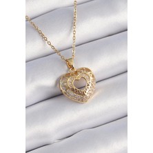 Clariss 316L Çelik Gold Renk Zirkon Taşlı Kalp Model Vintage Kadın Kolye