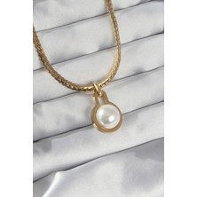 Clariss 316L Çelik Gold Renk Yassı Zincir Inci Taşlı Kolye