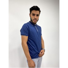 Erkek Yarım Fermuarlı Yakalı Dokulu T-Shirt