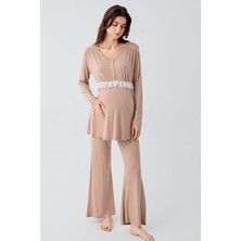 Artış Collection Uzun Kollu Dantelli Desenli Düğmeli Ispanyol Paça Esnek Viskoz Hamile Sabahlık Pijama Takım 23101