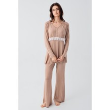 Artış Collection Uzun Kollu Dantelli Desenli Düğmeli Ispanyol Paça Esnek Viskoz Hamile Sabahlık Pijama Takım 23101