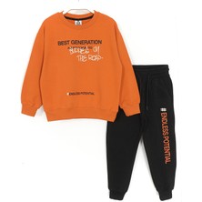 Slogan Baskılı Fırçalı Kumaş Uzun Kollu Erkek Çocuk Eşofman Takımı Turuncu Siyah 001-0001945