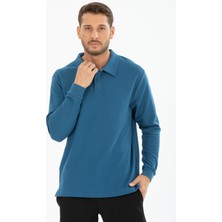 Shoppingdimoda Pamuk Karışımlı, Polo Yala, Düğmeli, Baklava Desenli Erkek Sweatshirt