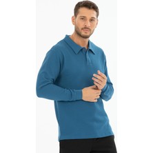 Shoppingdimoda Pamuk Karışımlı, Polo Yala, Düğmeli, Baklava Desenli Erkek Sweatshirt