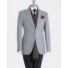 Italyan Stil Slim Fit Sivri Yaka Erkek Ceket Gri T13241