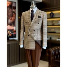 Italyan Stil Slim Fit Kazayağı Desen Kruvaze Erkek Ceket Kahverengi T13050