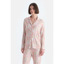 Eros 33518 Pamuklu Gömlek Yaka Önden Düğmeli Uzun Kollu Kadın Pijama Takımı Pembe