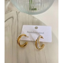 Stainles Steel 316L Kararmaz Çelik Gold Renk Kadın Taşlı Halka Küpe