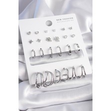 Clariss Pirinç Gümüş Renk Zirkon Taşlı 12 Çift Küpe Seti