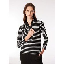 People By Fabrika Polo Yaka Çizgili Siyah - Beyaz Kadın Sweatshırt PBF4WL-SWT5557