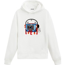Colermi Unisex Pamuk Retro Müzik Karikatür Kapşonlu Sweatshirt Hoodie Eğlenceli Kaset Çalar Deseni