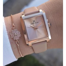Daniel Klein Pudra Deri Kayışlı Rose Gold Dikdörtgen Kasa Kadın Kol Saati, Taşlı Bileklik Hediyeli
