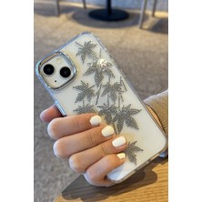 Paladyum Case iPhone 14 Plus Uyumlu Taşlı Yaprak Desenli Şeffaf Kılıf