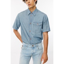 Denim Trip Rahat Fit Chambray Kısa Kollu Orta İndigo Erkek Jean Gömlek