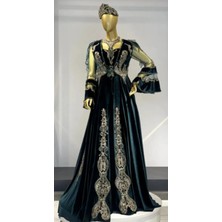 Zümrüt Yeşili Kadife Gümüş Sırma Işlemeli Kolları Tül Kaftan