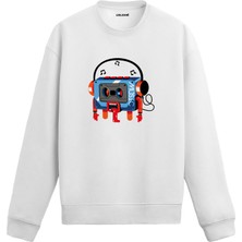 Colermi Unisex Pamuk Retro Müzik Karikatür Kapşonlu Sweatshirt Hoodie Eğlenceli Kaset Çalar Deseni
