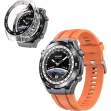 Huawei Watch Ultimate Kordon Kayış Soft Silikon Krem + Ekran Koruyucu Kasa Şeffaf