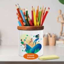 Köpekle Oynayan Aile Ahşaplı Seramik Kalemlik -2148072051