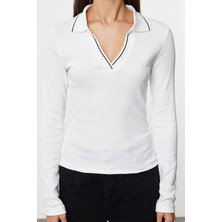 Kadın Regular Polo Yaka Slim Kalıp Örme Triko Yaka Detaylı Fitted Vücuda Oturan Fitilli Esnek Bluz