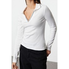 Kadın Regular Polo Yaka Slim Kalıp Örme Triko Yaka Detaylı Fitted Vücuda Oturan Fitilli Esnek Bluz