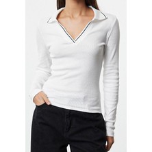 Kadın Regular Polo Yaka Slim Kalıp Örme Triko Yaka Detaylı Fitted Vücuda Oturan Fitilli Esnek Bluz