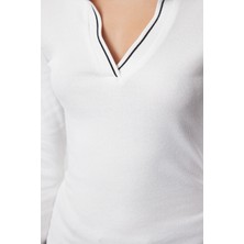 Kadın Regular Polo Yaka Slim Kalıp Örme Triko Yaka Detaylı Fitted Vücuda Oturan Fitilli Esnek Bluz