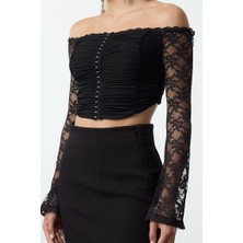 Ersefa Stil Kadın Agraflı Dantel Bluz Crop Örme Fitted Kalıp