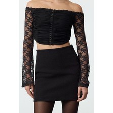 Ersefa Stil Kadın Agraflı Dantel Bluz Crop Örme Fitted Kalıp