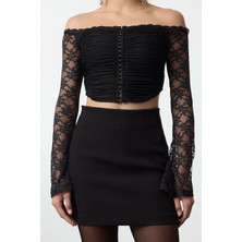 Ersefa Stil Kadın Agraflı Dantel Bluz Crop Örme Fitted Kalıp