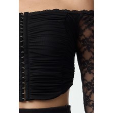Ersefa Stil Kadın Agraflı Dantel Bluz Crop Örme Fitted Kalıp