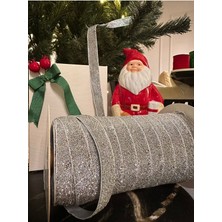 YKDF006-Yılbaşı Simli Kırmızı Kadife Şerit Noel Çam Ağaç Süsü 5 Mt