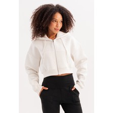 Justever Crop Kapüşonlu Fermuarlı Kanguru Cepli Şardonlu Hoodie Ekru Kadın Sweatshirt - Lumen