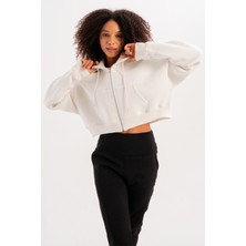 Justever Crop Kapüşonlu Fermuarlı Kanguru Cepli Şardonlu Hoodie Ekru Kadın Sweatshirt - Lumen