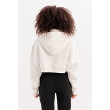 Justever Crop Kapüşonlu Fermuarlı Kanguru Cepli Şardonlu Hoodie Ekru Kadın Sweatshirt - Lumen