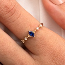 Fasek Gold Gümüş Yüzük -  Gümüş Yüzük - Safir Mekik Taşlı Minimal Tasarım 925 Ayar Gümüş Evlilik Teklifi Yüzüğü